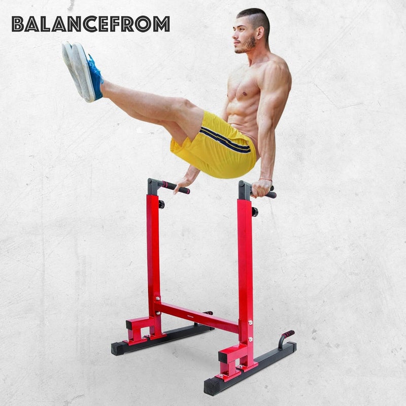 BalanceFrom محطة غمس بإطار فولاذي مع ارتفاع قابل للتعديل، سعة وزن 500 رطل – معدات صالة رياضية منزلية لتمارين الجزء العلوي من الجسم للعضلات ثلاثية الرؤوس، والدفع والسحب، ورفع الساقين، وضغط الصدر - Image 5